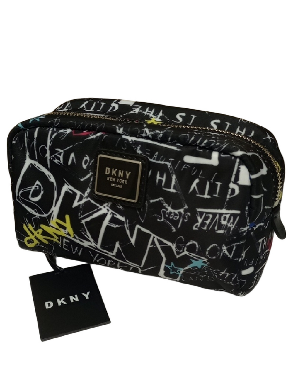 🆕 DKNY NEW YORK CITY BLACK NYLON SMALL COSMETIC BAG WITH MULTICOLOR GRAFFITI
